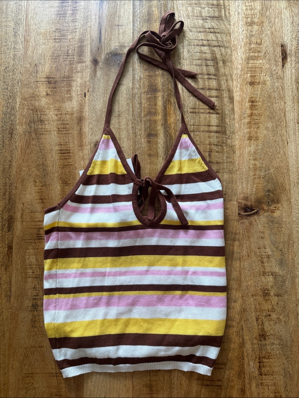 DELUC Vecchio Knit Top Striped Halter Knit Tank Top in Brown, Pink & Yellow NWT